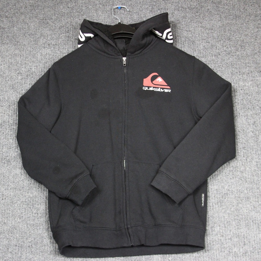 Quiksilver Hoodie Kids M Black Sherpa Lined Full Zip Y2K Skater Retro Streetwear